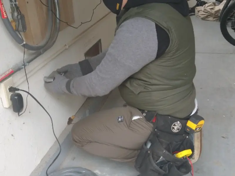 Electrician performing outlet wiring in a Dunkirk garage